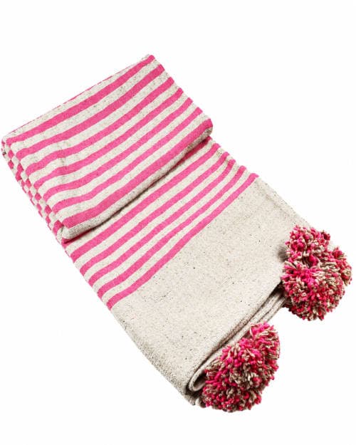Plaid du Moyen Atlas – Écru & rose à pompons — vue I