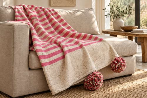 Plaid du Moyen Atlas – Écru & rose à pompons — vue II