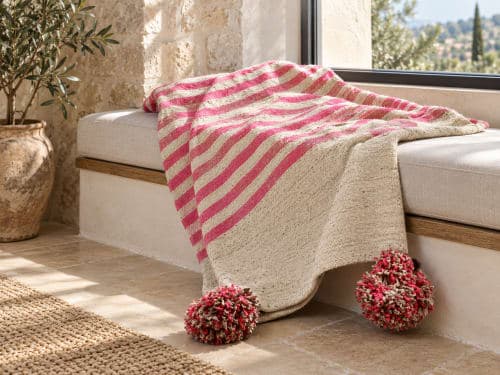 Plaid du Moyen Atlas – Écru & rose à pompons — vue IV