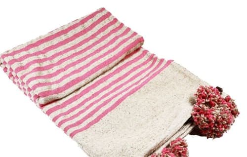 Plaid du Moyen Atlas – Écru & rose à pompons — vue V