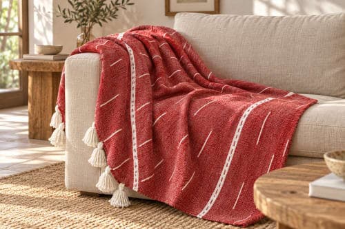 Plaid du Moyen Atlas – Rouge tissé à lignes blanches — vue II