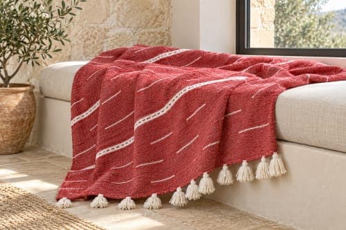 Plaid du Moyen Atlas – Rouge tissé à lignes blanches — vue IV