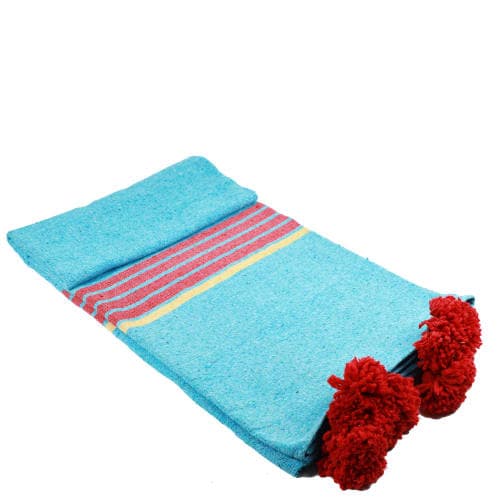 Plaid du Moyen Atlas – Bleu turquoise & pompons rouges — vue I