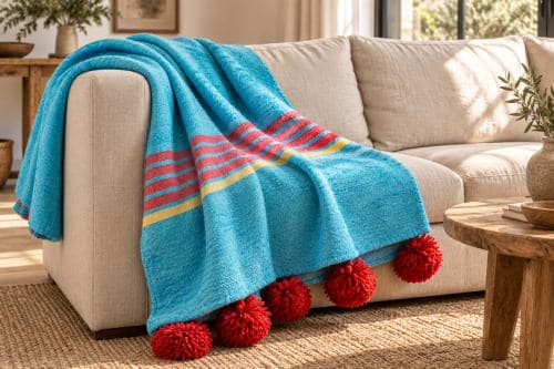 Plaid du Moyen Atlas – Bleu turquoise & pompons rouges — vue II