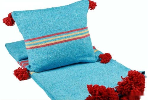 Plaid du Moyen Atlas – Bleu turquoise & pompons rouges — vue V