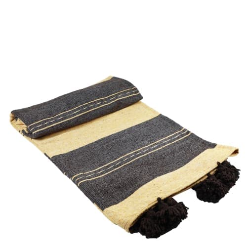 Plaid du Moyen Atlas – Anthracite & sable à pompons noirs — vue I
