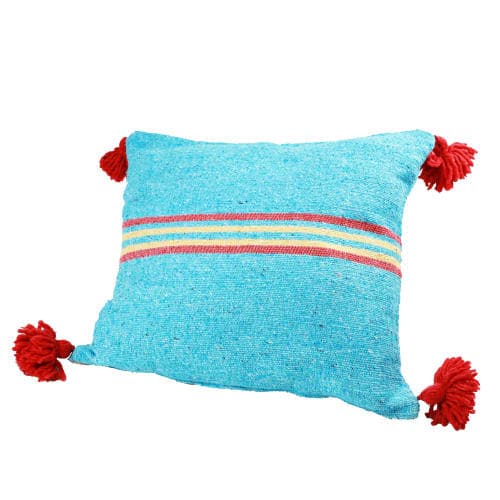 Coussin du Moyen Atlas – Bleu turquoise à pompons rouges — vue I