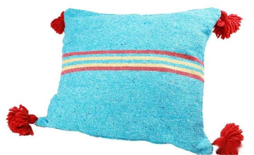 Coussin du Moyen Atlas – Bleu turquoise à pompons rouges — vue V