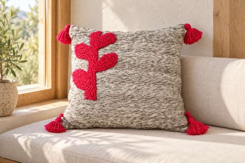 Coussin du Moyen Atlas – Motif végétal rouge en relief — vue IV