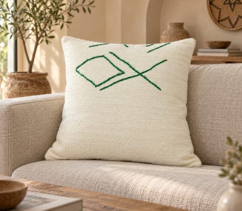 Coussin du Moyen Atlas – Ligne verte abstraite — vue II