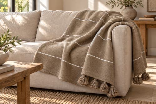 Plaid du Moyen Atlas – Taupe naturel à lignes blanches — vue II