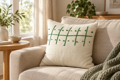 Coussin du Moyen Atlas – Quadrillage vert brodé — vue II