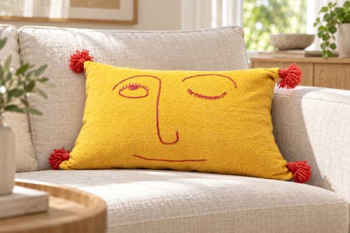 Coussin du Moyen Atlas – Soleil jaune, visage brodé — vue II