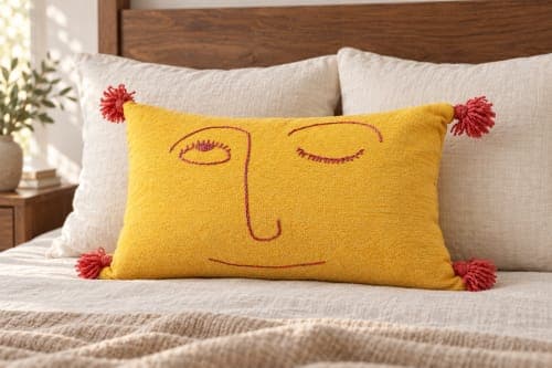 Coussin du Moyen Atlas – Soleil jaune, visage brodé — vue III