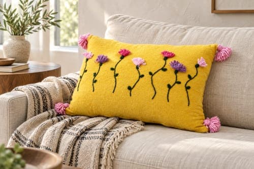 Coussin du Moyen Atlas – Jardin jaune brodé — vue II