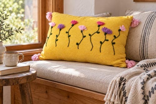 Coussin du Moyen Atlas – Jardin jaune brodé — vue IV