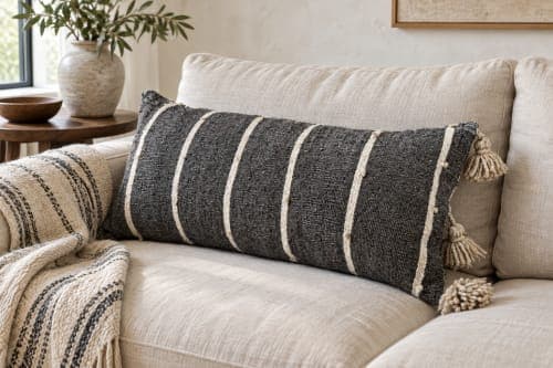 Coussin du Moyen Atlas – Anthracite rayé à pompons — vue II