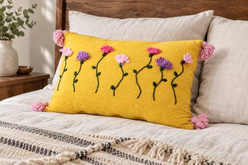 Coussin du Moyen Atlas – Jardin jaune brodé — vue III