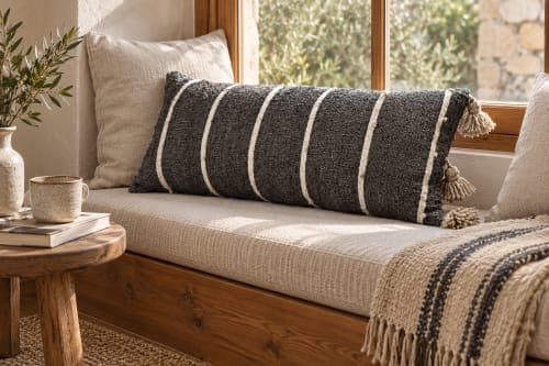 Coussin du Moyen Atlas – Anthracite rayé à pompons — vue IV