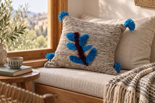 Coussin du Moyen Atlas – Fleur bleue en relief — vue IV