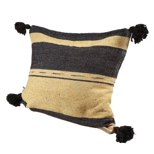 Coussin du Moyen Atlas – Sable & anthracite à pompons noirs — vue I
