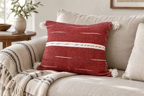 Coussin du Moyen Atlas – Rouge tissé à lignes blanches — vue II