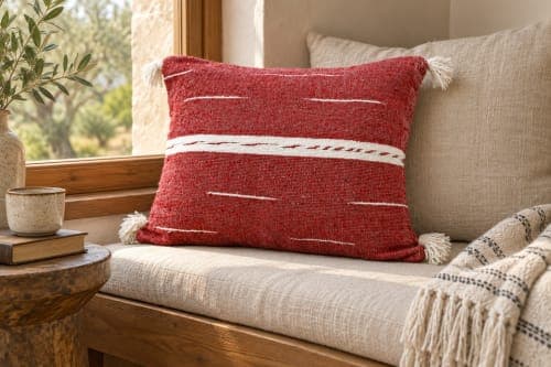 Coussin du Moyen Atlas – Rouge tissé à lignes blanches — vue IV