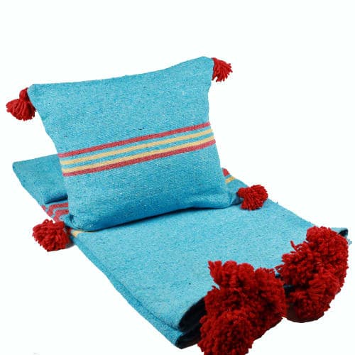 Ensemble plaid & coussin du Moyen Atlas – Bleu turquoise & pompons rouges — vue I