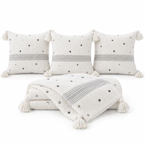 Ensemble plaid & 3 coussins du Moyen Atlas – Blanc nacré à sequins — vue I