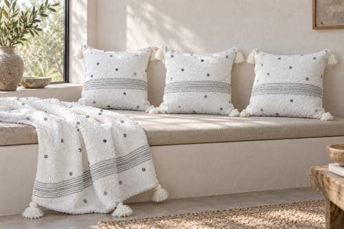 Ensemble plaid & 3 coussins du Moyen Atlas – Blanc nacré à sequins — vue IV