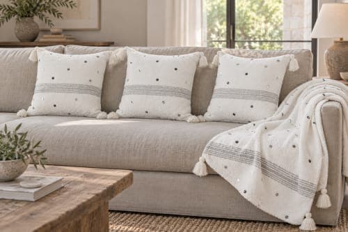 Ensemble plaid & 3 coussins du Moyen Atlas – Blanc nacré à sequins — vue II