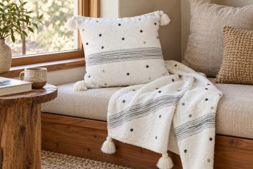 Ensemble plaid & 3 coussins du Moyen Atlas – Blanc nacré à sequins — vue VII
