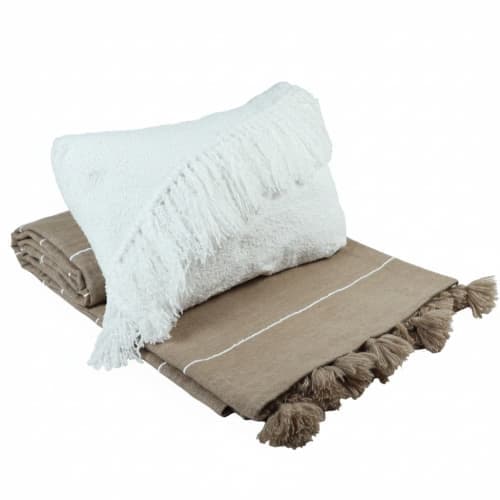 Ensemble plaid & coussin du Moyen Atlas – Taupe naturel & franges ivoire — vue I