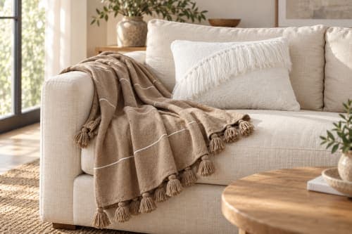 Ensemble plaid & coussin du Moyen Atlas – Taupe naturel & franges ivoire — vue II
