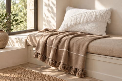 Ensemble plaid & coussin du Moyen Atlas – Taupe naturel & franges ivoire — vue IV