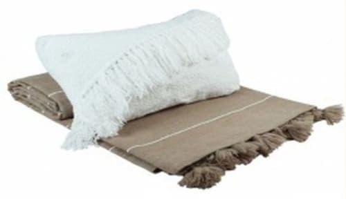 Ensemble plaid & coussin du Moyen Atlas – Taupe naturel & franges ivoire — vue V