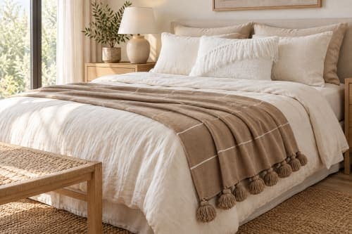 Ensemble plaid & coussin du Moyen Atlas – Taupe naturel & franges ivoire — vue III