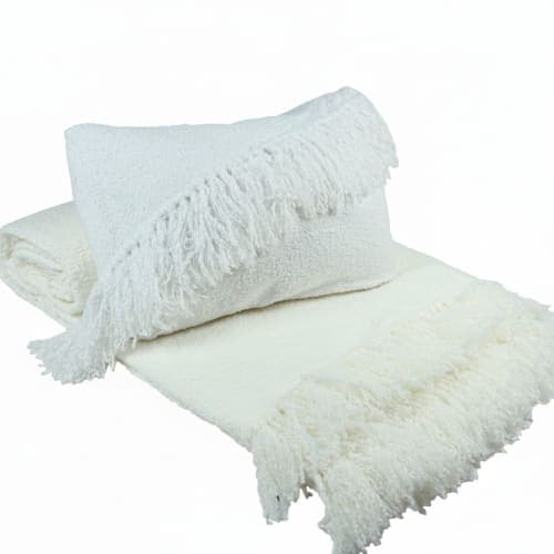 Ensemble plaid & coussin du Moyen Atlas – Ivoire doux à franges — vue I