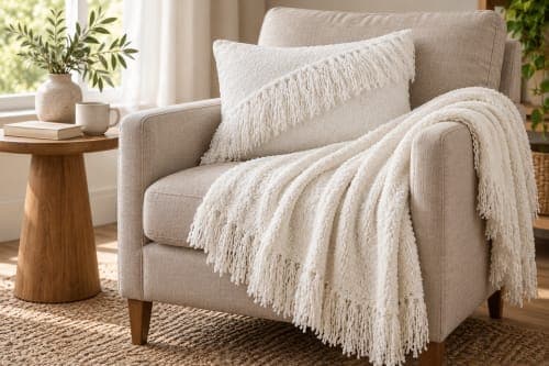 Ensemble plaid & coussin du Moyen Atlas – Ivoire doux à franges — vue IV