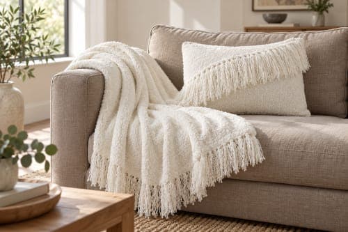 Ensemble plaid & coussin du Moyen Atlas – Ivoire doux à franges — vue II