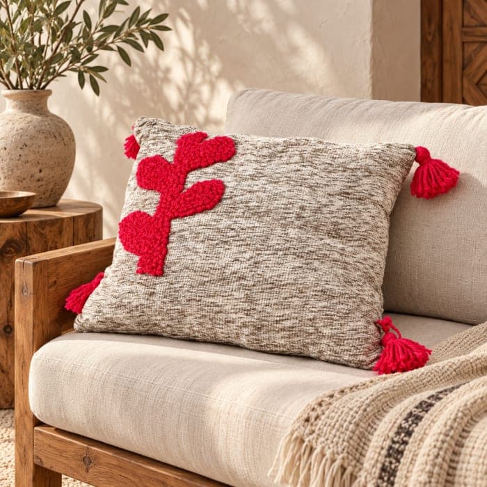 Coussin du Moyen Atlas – Motif végétal rouge en relief