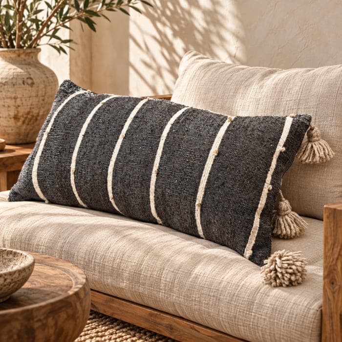 Coussin du Moyen Atlas – Anthracite rayé à pompons