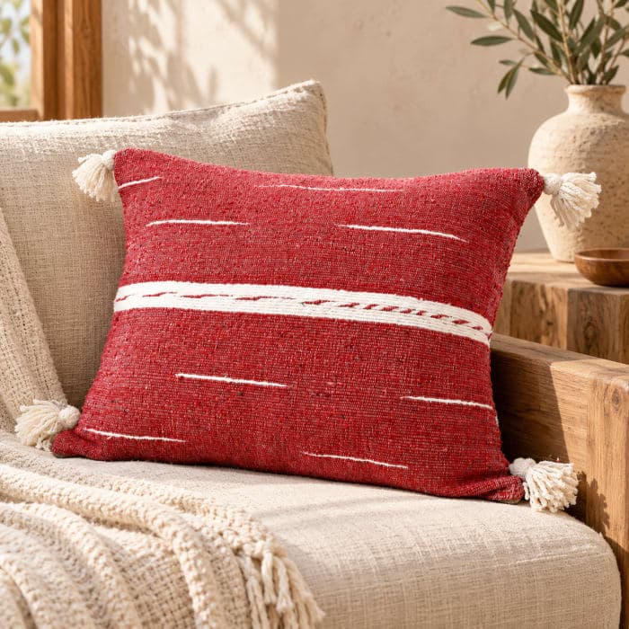 Coussin du Moyen Atlas – Rouge tissé à lignes blanches