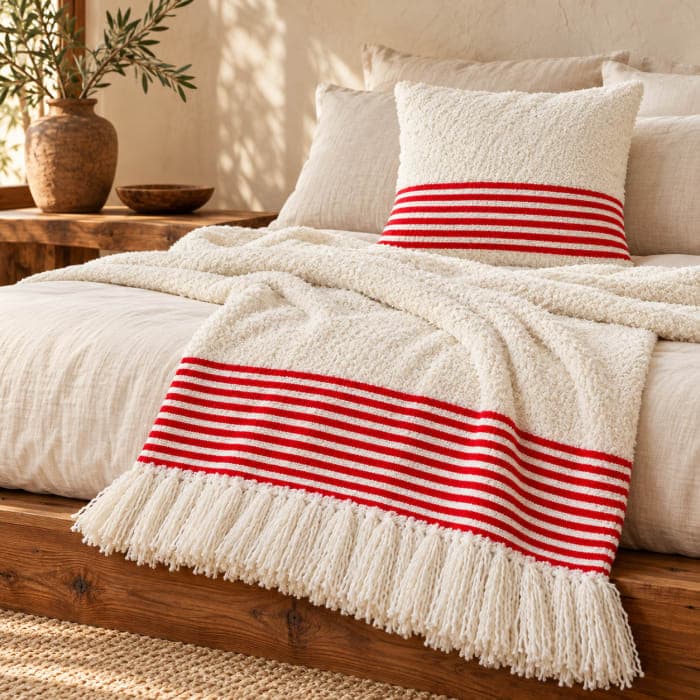 Ensemble plaid & coussin du Moyen Atlas – Rouge tissé