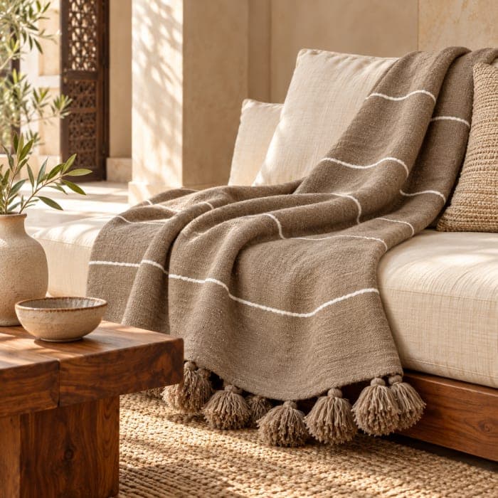 Plaid du Moyen Atlas – Taupe naturel à lignes blanches