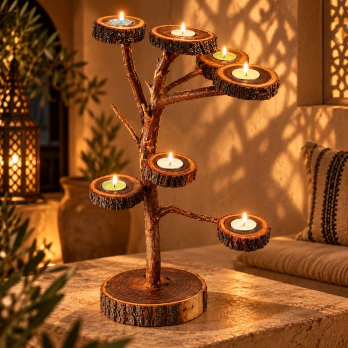 Bougeoir arbre Cèdre d’Azrou – Branches naturelles et lumière douce