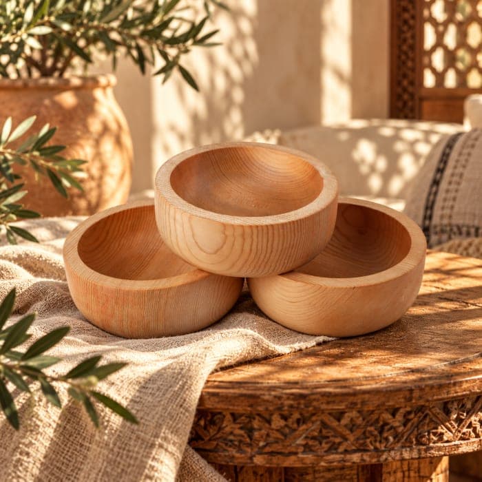 Trio de bols Cèdre d’Azrou – Coupelles rondes au veinage naturel