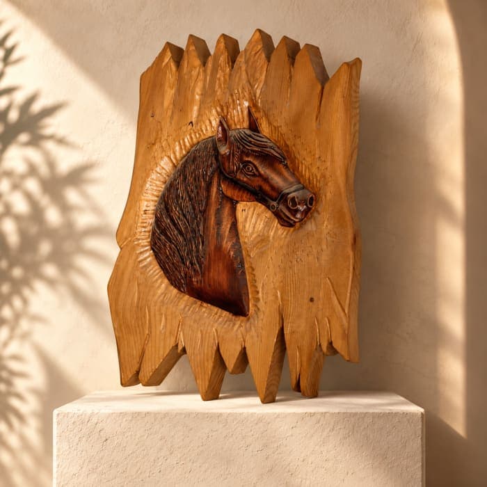 Panneau cheval Cèdre d’Azrou – Relief équestre sur fond clair sculpté