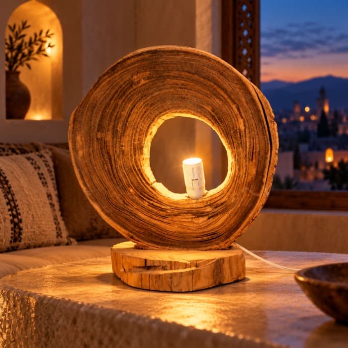 Lampe anneau Cèdre d’El Hajeb – Cercle évidé et lumière centrale