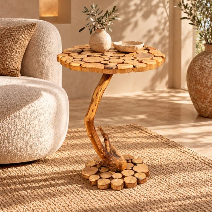 Table d’appoint mosaïque Cèdre d’El Hajeb – Plateau rondelles et pied racine